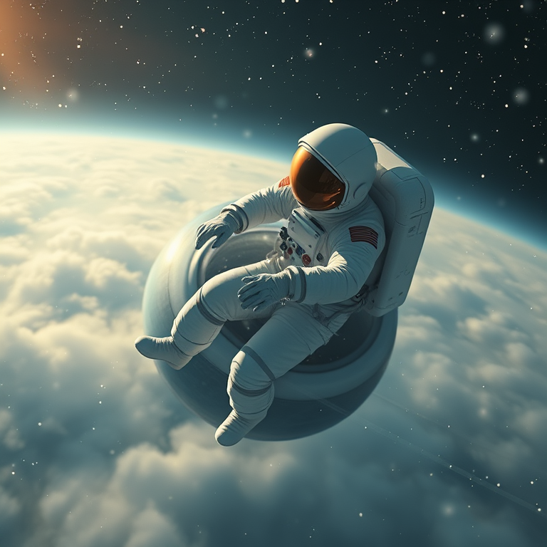 anime style, an astronaut floating above Earth, in early morning mist, with snow falling, high contrast, bird eye view, soft diffused lighting, professional photography, romantic and dreamy