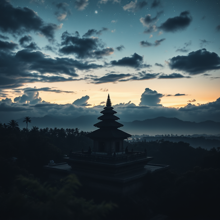 watercolor painting, a Balinese temple at dawn, at night under stars, with dramatic cloud formations, muted earth tones, panoramic view, dappled light through trees, ultra high resolution, melancholic and contemplative
