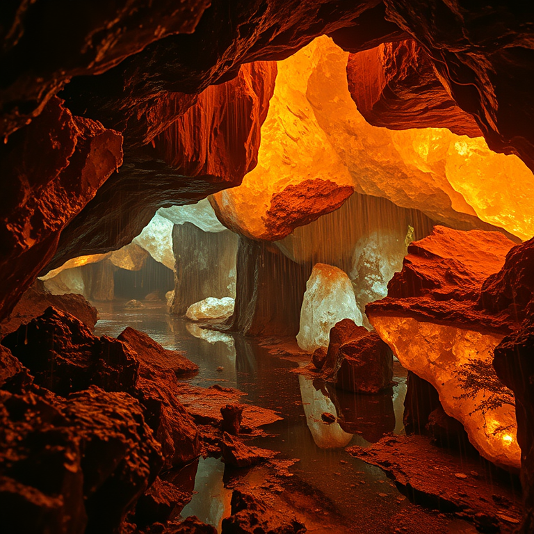 retro vintage photo, a crystal cave with glowing minerals, during golden hour, with rain reflections, muted earth tones, wide angle view, neon glow, highly detailed, awe-inspiring and grand
