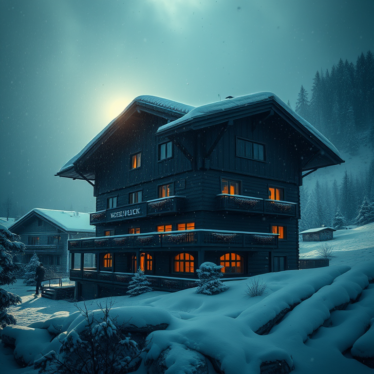 3D render, a Swiss chalet in winter, during a storm, with snow falling, deep rich jewel tones, aerial drone perspective, backlit with sun flare, photorealistic, dark and moody