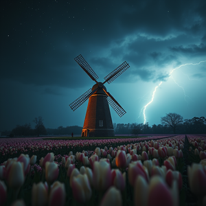 cinematic shot, an old windmill in tulip fields, at night under stars, with lightning in distance, pastel soft colors, macro extreme close-up, natural light, sharp focus, dark and moody