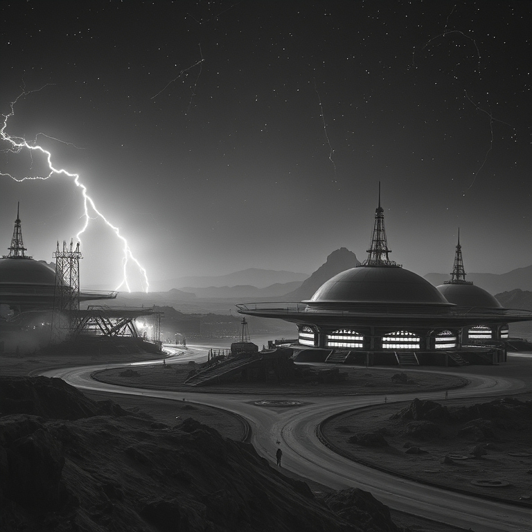 retro vintage photo, a futuristic Mars colony, at night under stars, with lightning in distance, monochrome black and white, telephoto compression, volumetric light rays, highly detailed, energetic and vibrant