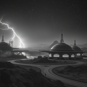 retro vintage photo, a futuristic Mars colony, at night under stars, with lightning in distance, monochrome black and white, telephoto compression, volumetric light rays, highly detailed, energetic and vibrant