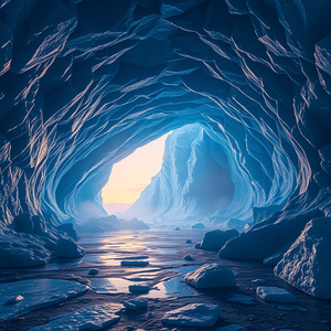 3D render, an ice cave with blue glacial walls, at sunrise, with misty atmosphere, deep rich jewel tones, low angle dramatic perspective, neon glow, RAW photo, awe-inspiring and grand