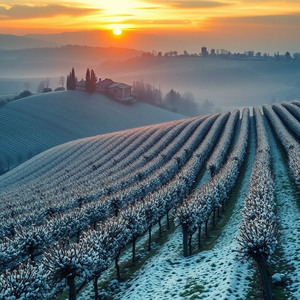 impressionist painting, an Italian vineyard in Tuscany, during golden hour, with snow falling, cool blue tones, bird eye view, studio quality lighting, photorealistic, dramatic and powerful