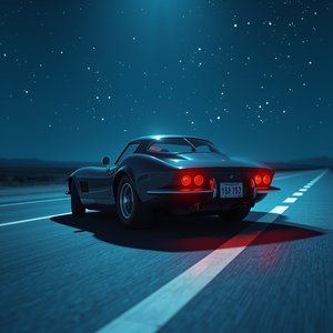 3D render, a classic sports car on an open road, at night under stars, with clear blue sky, cool blue tones, close-up detail shot, backlit with sun flare, 8K UHD, romantic and dreamy