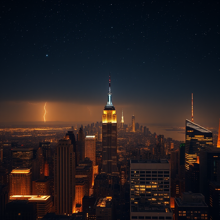 minimalist design, a New York City skyline at night, at night under stars, with lightning in distance, golden warm palette, panoramic view, rim lighting, highly detailed, cozy and warm