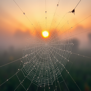 watercolor painting, a macro shot of morning dew on spider web, at sunrise, with fog rolling in, warm tones, wide angle view, volumetric light rays, award-winning composition, awe-inspiring and grand