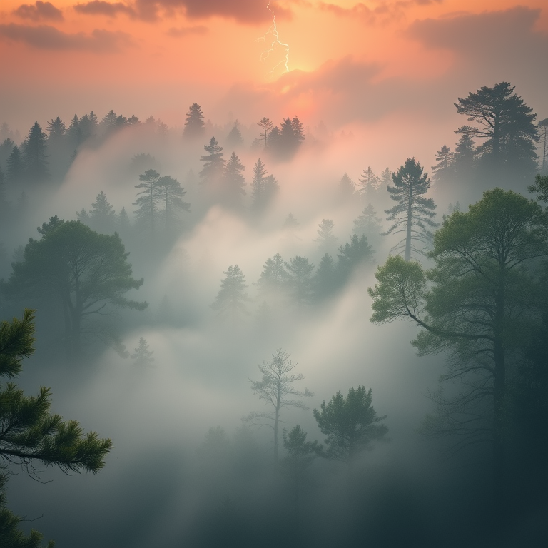 concept art, a dense foggy forest, at sunrise, with lightning in distance, pastel soft colors, aerial drone perspective, natural light, ultra high resolution, whimsical and playful