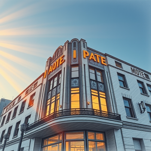 pencil sketch, an art deco building facade, during twilight, with clear blue sky, golden warm palette, telephoto compression, volumetric light rays, highly detailed, dark and moody