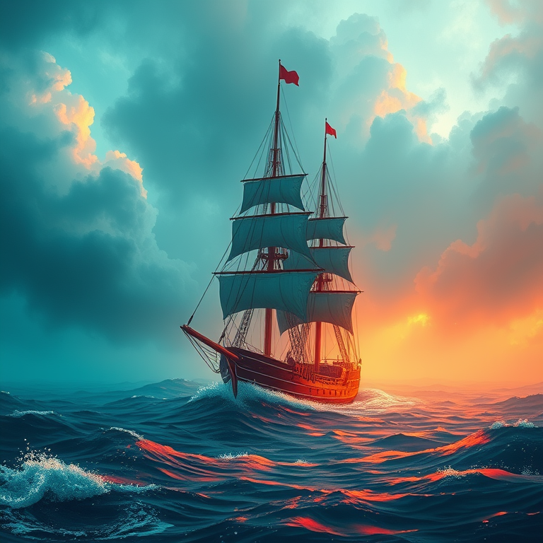 anime style, a sailing ship on stormy seas, at midday, with misty atmosphere, teal and orange, wide angle view, moody atmospheric lighting, award-winning composition, energetic and vibrant