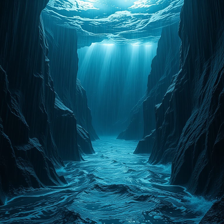 hyper-realistic render, a deep ocean trench scene, during a storm, with rain reflections, high contrast, wide angle view, rim lighting, highly detailed, dramatic and powerful