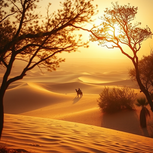 retro vintage photo, a vast desert with sand dunes, at dawn, with gentle breeze, golden warm palette, close-up detail shot, dappled light through trees, photorealistic, dramatic and powerful