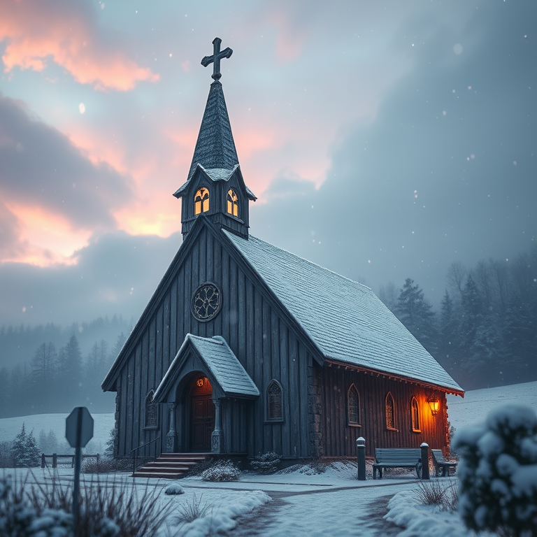 anime style, a Northern European stave church, at sunrise, with snow falling, pastel soft colors, macro extreme close-up, rim lighting, RAW photo, mysterious and ethereal