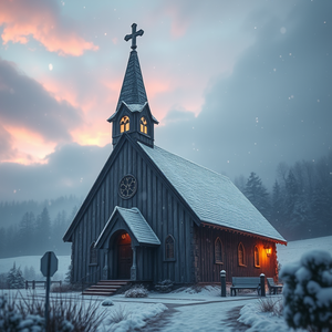 anime style, a Northern European stave church, at sunrise, with snow falling, pastel soft colors, macro extreme close-up, rim lighting, RAW photo, mysterious and ethereal