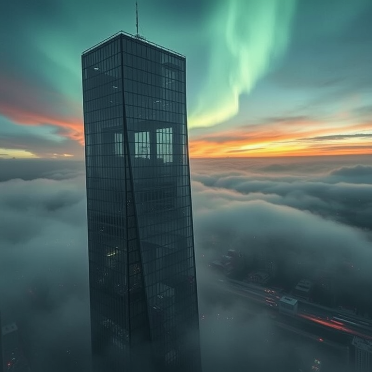 charcoal drawing, a modern glass skyscraper, in early morning mist, with aurora in sky, teal and orange, bird eye view, studio quality lighting, ultra high resolution, melancholic and contemplative