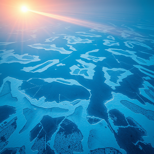 abstract art, a frozen lake with ice patterns, at sunrise, with snow falling, cool blue tones, bird eye view, volumetric light rays, award-winning composition, romantic and dreamy