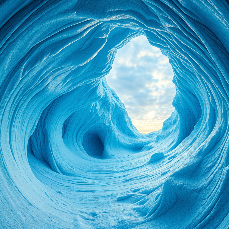 pencil sketch, an ice cave with blue glacial walls, at sunrise, with dramatic cloud formations, cool blue tones, fish-eye lens, neon glow, 8K UHD, dark and moody