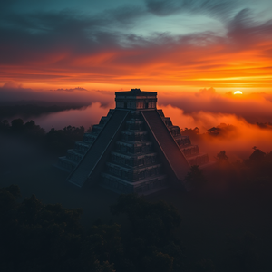 minimalist design, a Mayan pyramid in jungle, at sunset, with fog rolling in, vibrant saturated colors, aerial drone perspective, moody atmospheric lighting, sharp focus, dramatic and powerful