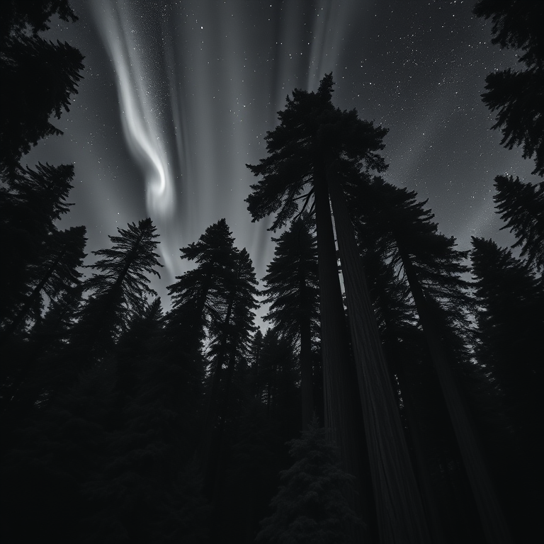 anime style, a towering redwood forest, at night under stars, with aurora in sky, monochrome black and white, aerial drone perspective, natural light, RAW photo, cozy and warm