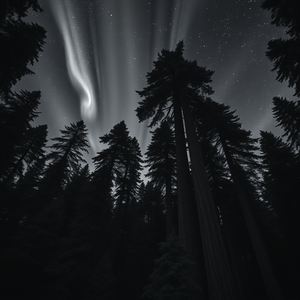 anime style, a towering redwood forest, at night under stars, with aurora in sky, monochrome black and white, aerial drone perspective, natural light, RAW photo, cozy and warm