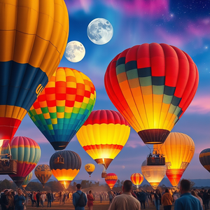 watercolor painting, a colorful hot air balloon festival, under a full moon, with aurora in sky, golden warm palette, close-up detail shot, rim lighting, professional photography, peaceful and serene