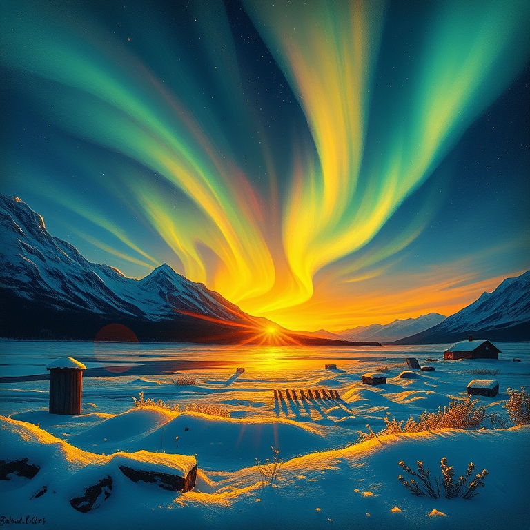 impressionist painting, a northern lights aurora display, during golden hour, with aurora in sky, golden warm palette, macro extreme close-up, neon glow, masterpiece quality, mysterious and ethereal
