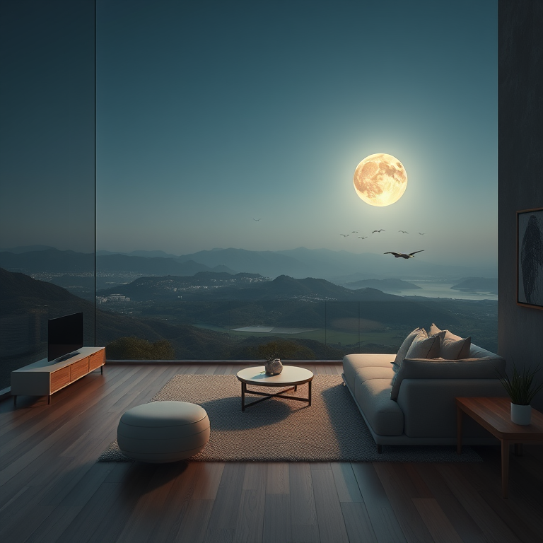 hyper-realistic render, a modern minimalist interior design, under a full moon, with gentle breeze, muted earth tones, panoramic view, volumetric light rays, award-winning composition, whimsical and playful