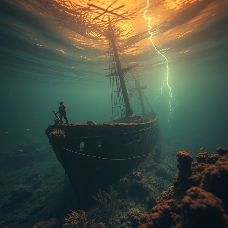 minimalist design, an underwater shipwreck with marine life, at midday, with lightning in distance, warm tones, close-up detail shot, soft diffused lighting, ultra high resolution, mysterious and ethereal