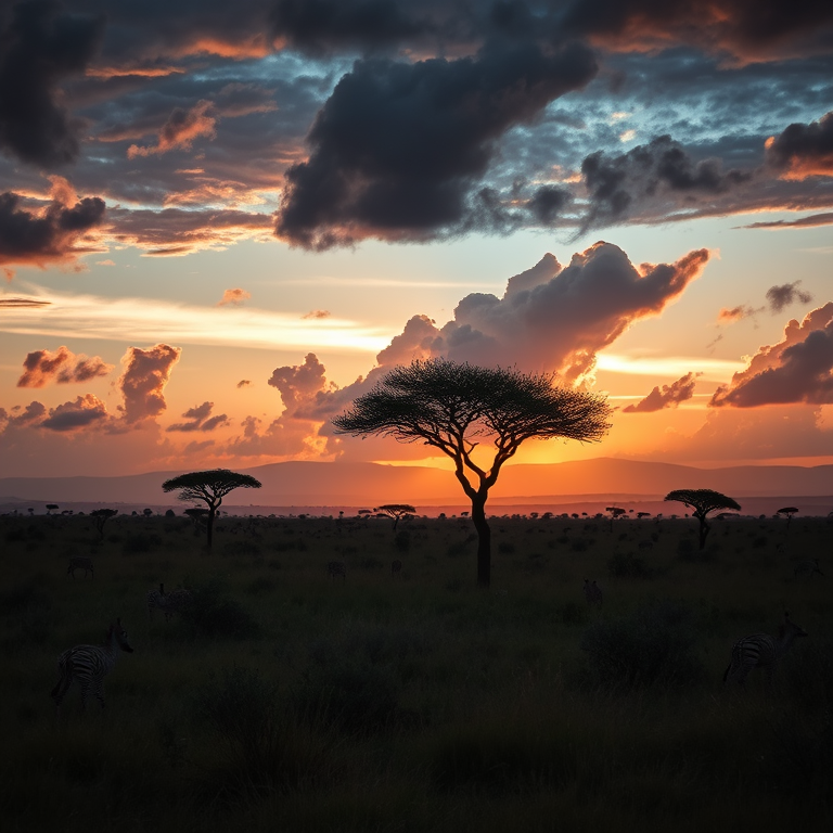 realistic photo, an African savanna with acacia trees, at dawn, with dramatic cloud formations, deep rich jewel tones, panoramic view, rim lighting, 8K UHD, mysterious and ethereal