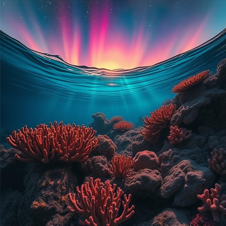 charcoal drawing, a coral reef underwater scene, during twilight, with aurora in sky, warm tones, low angle dramatic perspective, neon glow, ultra high resolution, dramatic and powerful