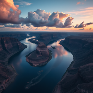 anime style, a drone view of a winding river, at blue hour, with dramatic cloud formations, muted earth tones, wide angle view, natural light, RAW photo, awe-inspiring and grand