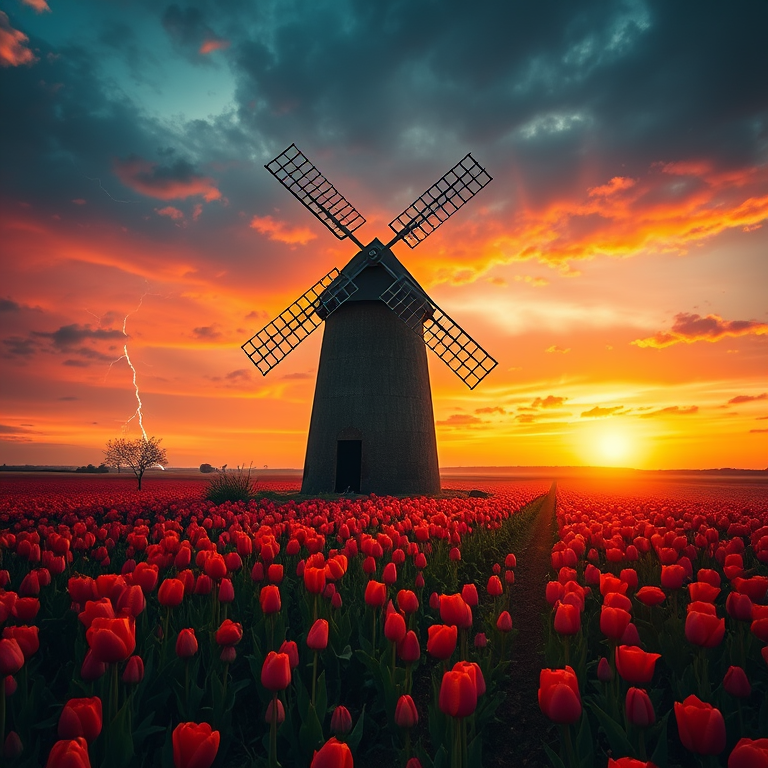 minimalist design, an old windmill in tulip fields, at sunset, with lightning in distance, deep rich jewel tones, bird eye view, backlit with sun flare, highly detailed, energetic and vibrant