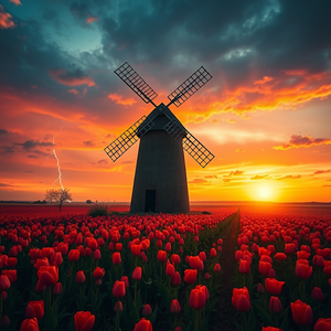 minimalist design, an old windmill in tulip fields, at sunset, with lightning in distance, deep rich jewel tones, bird eye view, backlit with sun flare, highly detailed, energetic and vibrant