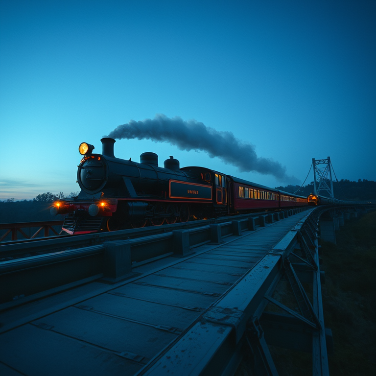 cinematic shot, a vintage steam train on a bridge, at blue hour, with clear blue sky, cool blue tones, wide angle view, neon glow, RAW photo, cozy and warm