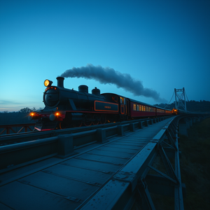 cinematic shot, a vintage steam train on a bridge, at blue hour, with clear blue sky, cool blue tones, wide angle view, neon glow, RAW photo, cozy and warm