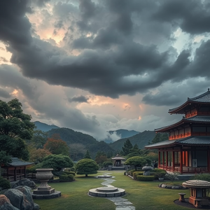 realistic photo, a Japanese zen garden, during a storm, with dramatic cloud formations, pastel soft colors, panoramic view, moody atmospheric lighting, masterpiece quality, dramatic and powerful