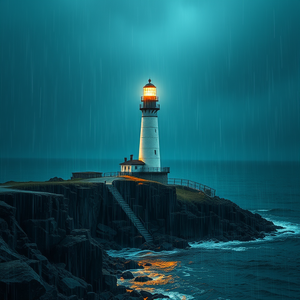 abstract art, a lighthouse on rocky cliffs, during a storm, with rain reflections, high contrast, wide angle view, neon glow, 8K UHD, cozy and warm