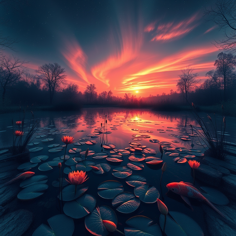pencil sketch, a koi pond with lily pads, at sunrise, with aurora in sky, deep rich jewel tones, aerial drone perspective, dramatic side lighting, 8K UHD, mysterious and ethereal