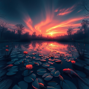 pencil sketch, a koi pond with lily pads, at sunrise, with aurora in sky, deep rich jewel tones, aerial drone perspective, dramatic side lighting, 8K UHD, mysterious and ethereal