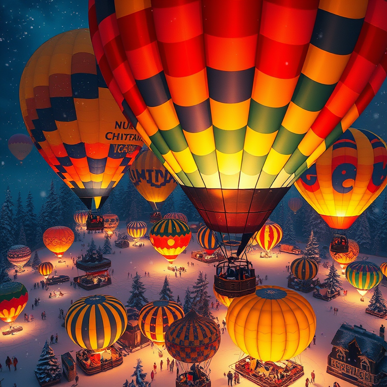 hyper-realistic render, a colorful hot air balloon festival, at night under stars, with snow falling, vibrant saturated colors, bird eye view, natural light, photorealistic, cozy and warm