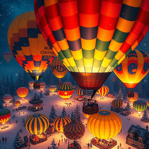 hyper-realistic render, a colorful hot air balloon festival, at night under stars, with snow falling, vibrant saturated colors, bird eye view, natural light, photorealistic, cozy and warm