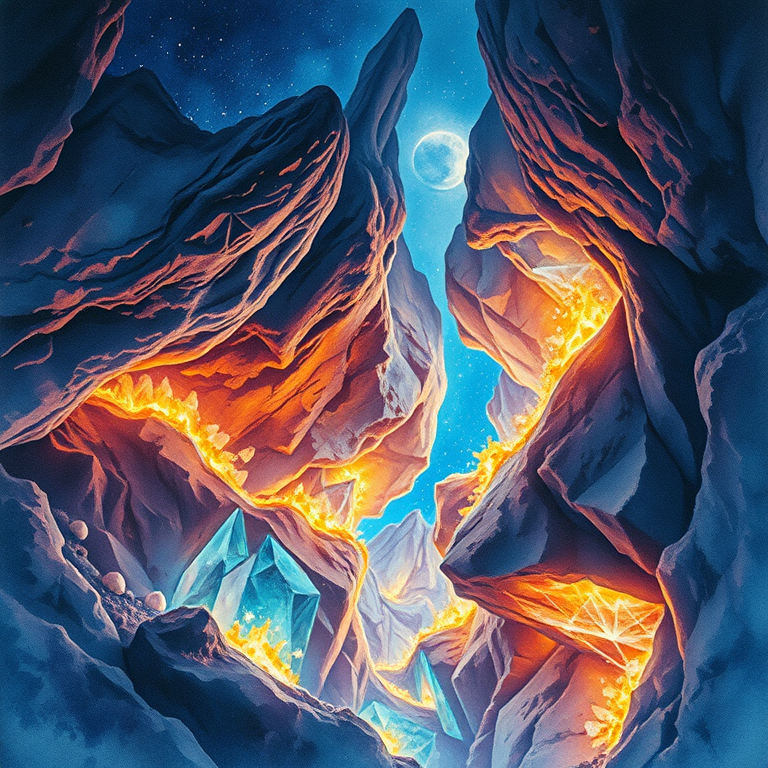 watercolor painting, a crystal cave with glowing minerals, at night under stars, with clear blue sky, high contrast, bird eye view, soft diffused lighting, highly detailed, dramatic and powerful