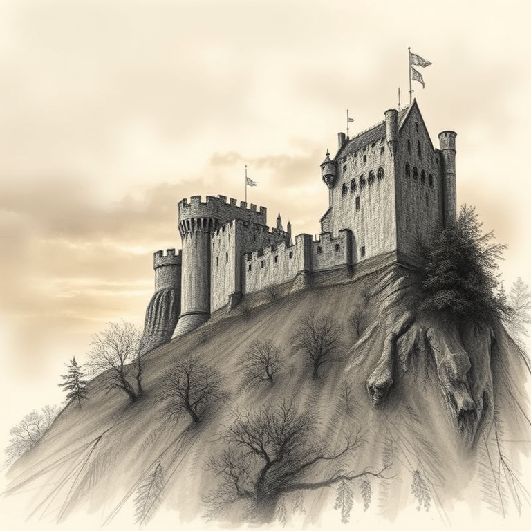 pencil sketch, an ancient castle on a hilltop, during twilight, with misty atmosphere, muted earth tones, close-up detail shot, dramatic side lighting, RAW photo, mysterious and ethereal