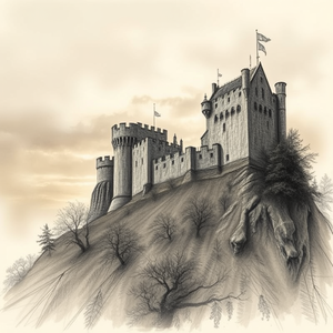 pencil sketch, an ancient castle on a hilltop, during twilight, with misty atmosphere, muted earth tones, close-up detail shot, dramatic side lighting, RAW photo, mysterious and ethereal