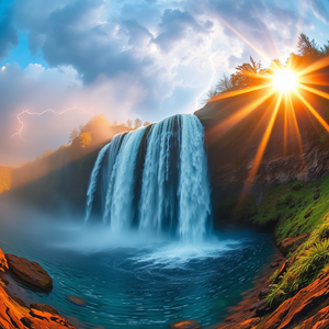 oil painting, a waterfall cascading into a pool, in early morning mist, with lightning in distance, vibrant saturated colors, fish-eye lens, backlit with sun flare, award-winning composition, energetic and vibrant