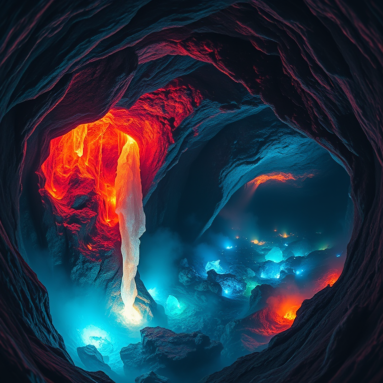 charcoal drawing, a crystal cave with glowing minerals, during twilight, with misty atmosphere, vibrant saturated colors, fish-eye lens, volumetric light rays, professional photography, energetic and vibrant