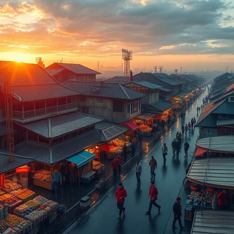 pencil sketch, a bustling street market in Asia, at sunset, with rain reflections, pastel soft colors, aerial drone perspective, moody atmospheric lighting, award-winning composition, awe-inspiring and grand