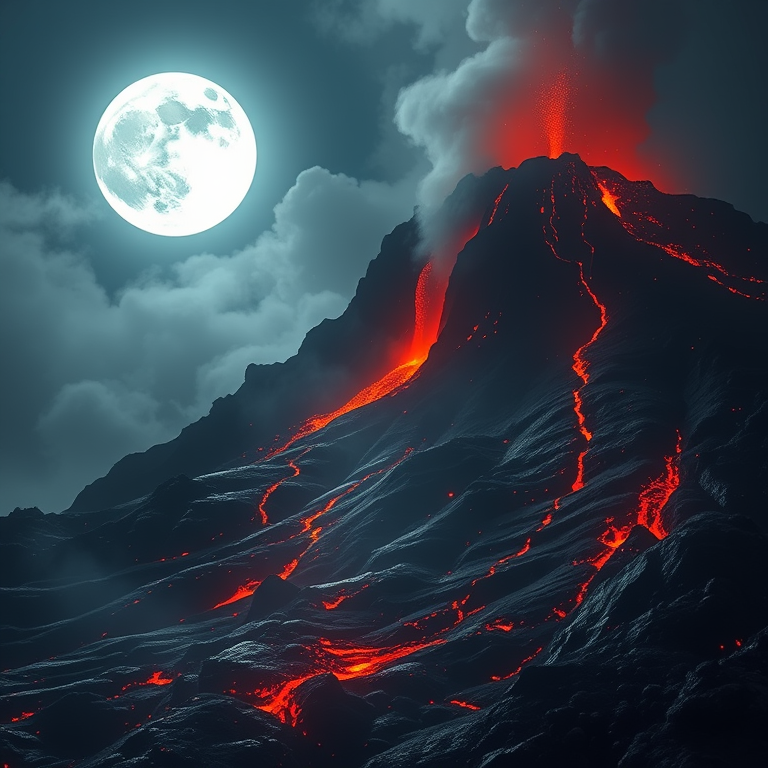 concept art, a volcanic eruption with lava, under a full moon, with misty atmosphere, deep rich jewel tones, macro extreme close-up, soft diffused lighting, ultra high resolution, romantic and dreamy