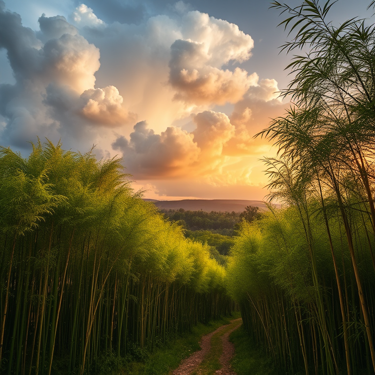 realistic photo, a bamboo forest path, during a storm, with dramatic cloud formations, golden warm palette, panoramic view, natural light, sharp focus, dramatic and powerful